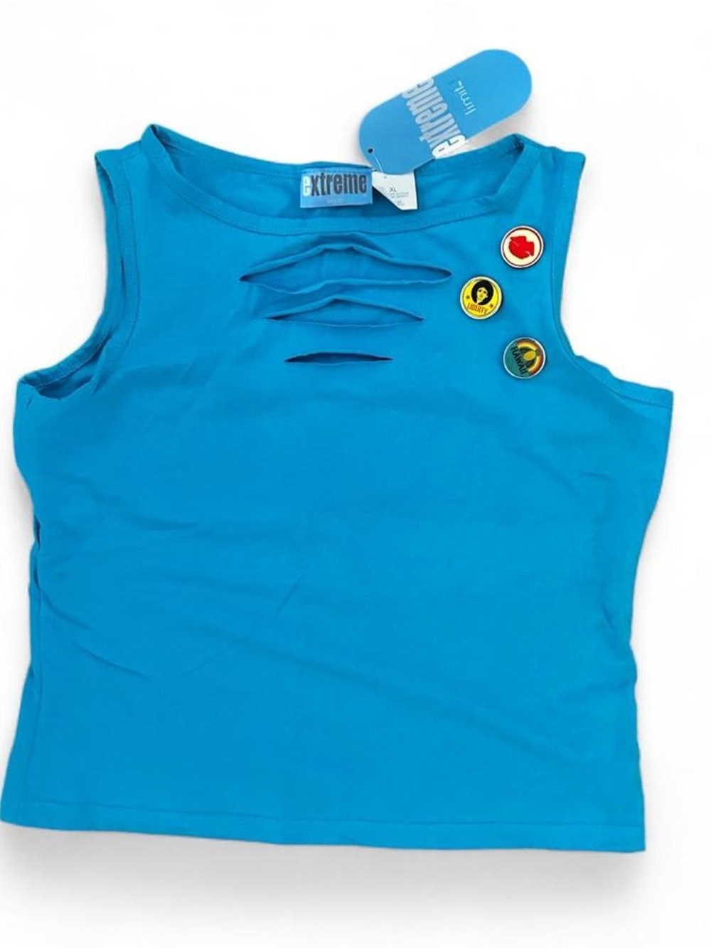 Extreme Y2K blue cut out tank top with pin badges Sz XL